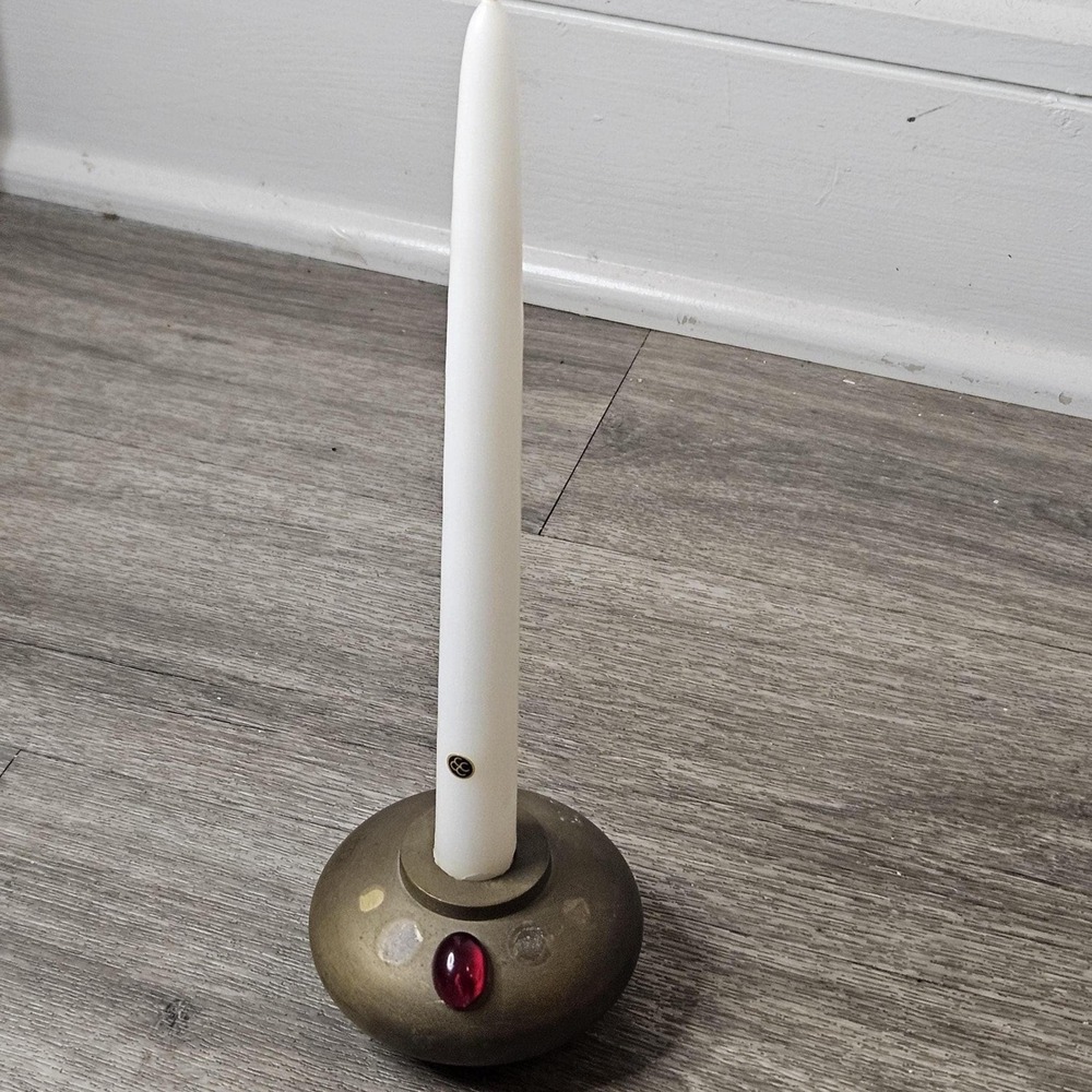 vintage round dome-shaped brass taper candle holder red glass cabochon stone